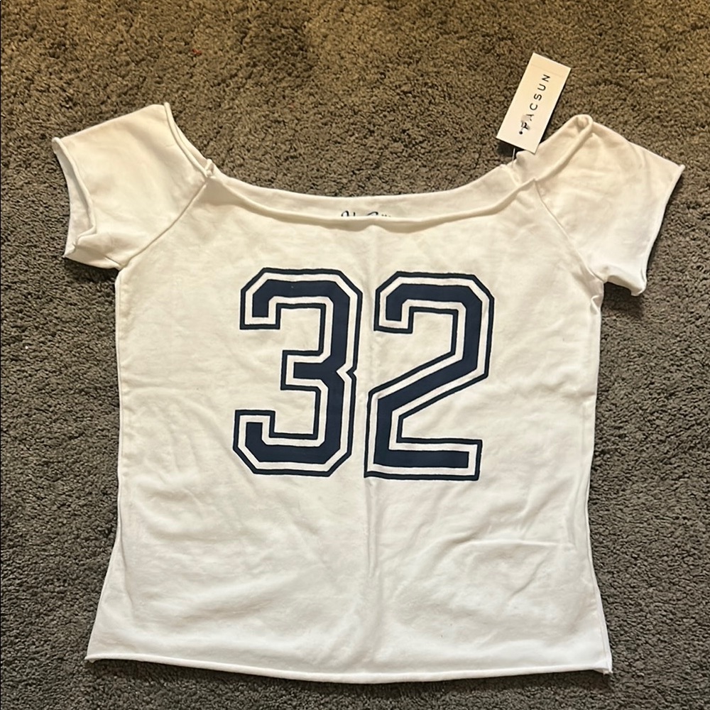 PacSun White and Blue Fitted Crop T-Shirt